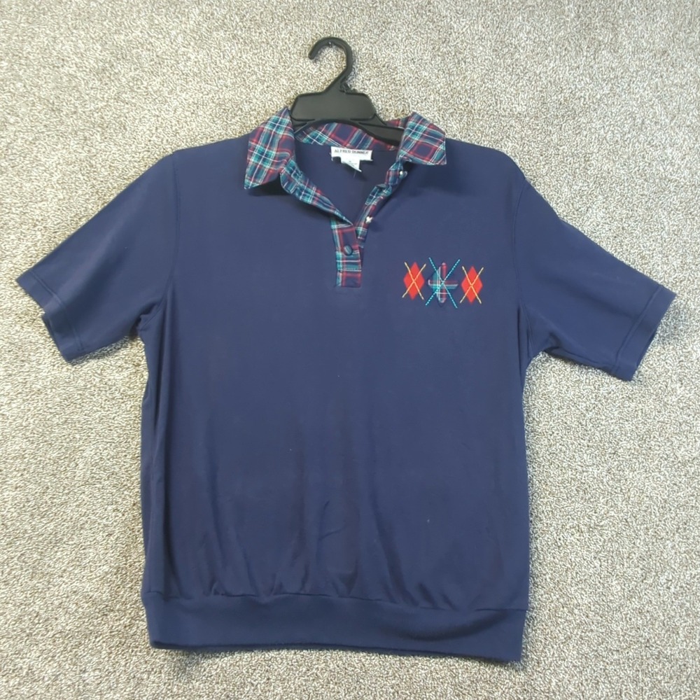 Alfred Dunner Plaid Collar Embroidered Polo Shirt Womens Size M Navy Blue Knit